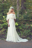 A Line Off the Shoulder Bohemian Lace Chiffon Ivory Summer Beach Wedding Dresses JS712