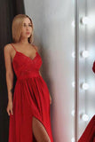 Sexy Red V-Neck Spaghetti Straps Satin Lace Bodice Floor Length Split Prom Dresses JS768