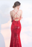 V-Neck Red Mermaid Spaghetti Straps Sparkly Backless Sleeveless Sequins Evening Dresses JS242