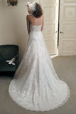 Elegant A Line Ivory Lace Appliques Sweetheart Strapless Sleeveless Long Wedding Dresses JS857