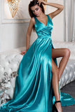 Sexy A Line Split Turquoise V-Neck Green Satin Prom Dresses with High Slit JS633