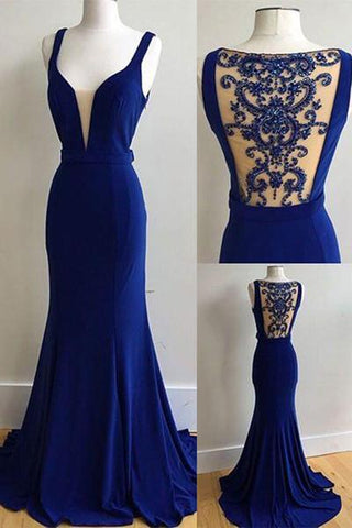 Elegant royal blue chiffon long beading prom dress see through back halter evening dress