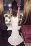 Mermaid Deep V-Neck Sweep Train Backless Criss-Cross Straps Ivory Sequined Prom Dresses JS169