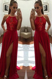 Sexy Unique Red A-Line Halter Split-Front Formal Dress Chiffon Sleeveless Long Prom Dresses JS253