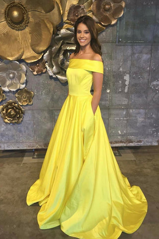 Elegant Yellow Off The Shoulder Satin A Line Princess with Pockets Prom Dresses UK JS477