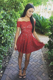 Stylish Gorgeous A-Line Off-Shoulder Red Lace Short Cute Mini Homecoming Dress JS195