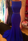 Royal Blue Scoop Mermaid Sleeveless Backless Beads Spandex Prom Dresses JS618
