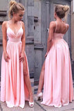 Pink Spaghetti Strap V Neck Simple Long Split Front Chiffon Evening Dress Prom Dresses JS557