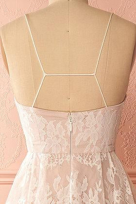 A-Line Ivory V-Neck Lace Spaghetti Straps High Low Open Back Homecoming Dresses JS517