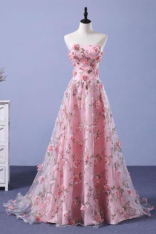 A Line Sweetheart Strapless Sweep Train Floral Print Long Prom Dresses With Flowers