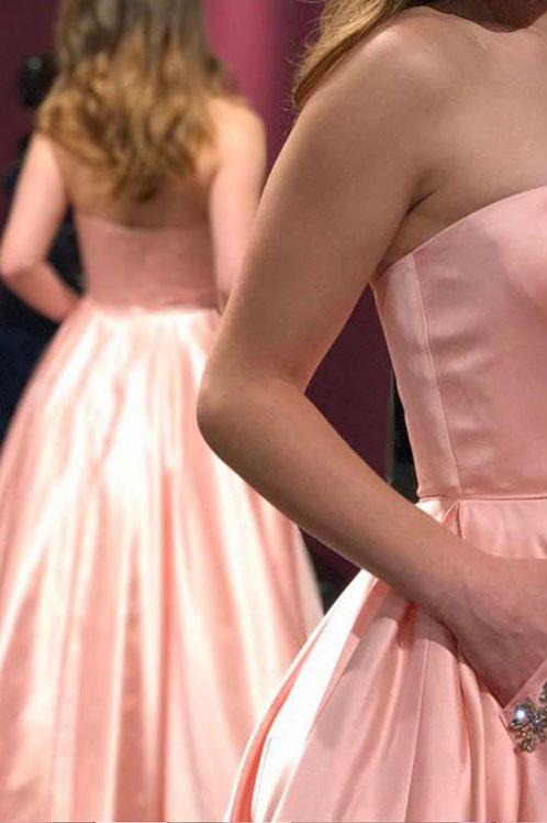 A-Line Satin Strapless Princess Floor-length Beading with Pockets Sleeveless Prom Dresses JS471