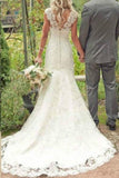 Elegant Mermaid Ivory Lace Appliques V Neck Long Beach Wedding Dresses JS997