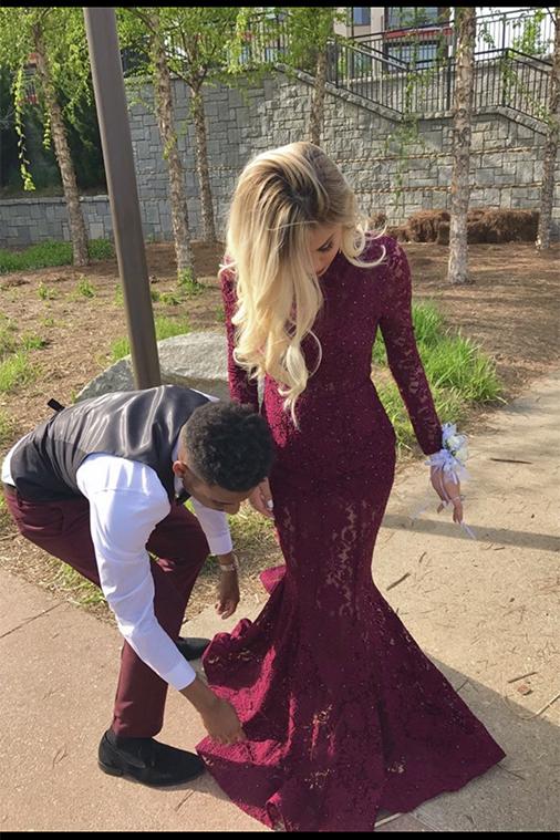 Charming High Neck Burgundy Long Sleeve Lace Mermaid Open Back Prom Dresses JS482