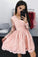Cute A Line Long Sleeves V Neck Pink Lace Appliques Above Knee Homecoming Dresses JS795