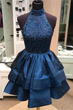 Pretty A-line High Neck Above-knee Beaded Dark Blue Backless Short Homecoming Dresses JS165