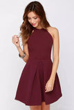Cheap A Line Burgundy Short Prom Dress Satin Knee Length Sleeveless Homecoming Dress JS600