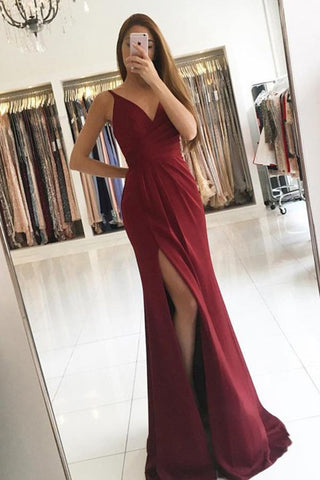 Elegant A Line Satin V-neck Ruffles Burgundy Side Split Sleeveless Prom Dresses JS621