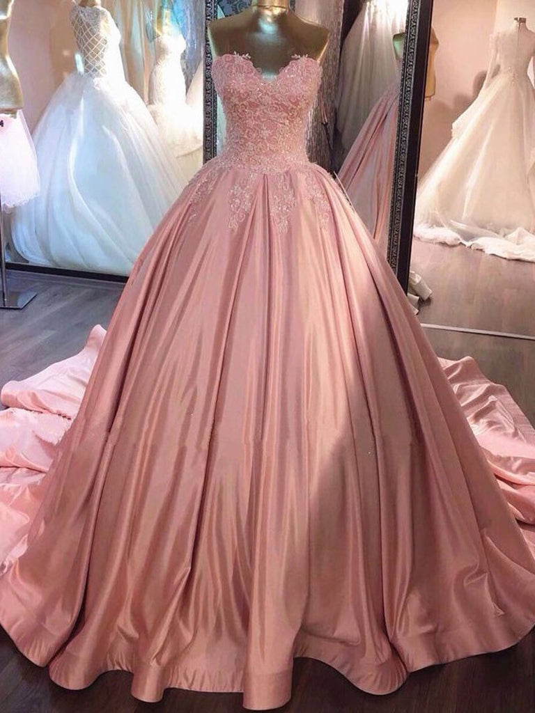 Ball Gown Pink Strapless Appliques Sweetheart Sweep Train Satin Evening Dresses JS775