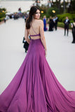 Spaghetti Straps Purple Gorgeous A-Line Chiffon Long Open Back Prom Dresses UK JS489