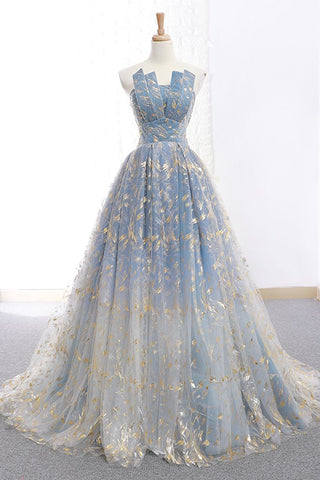 Elegant A Line Blue Tulle Long Strapless Lace up Gold Evening Dress Prom Dresses JS223
