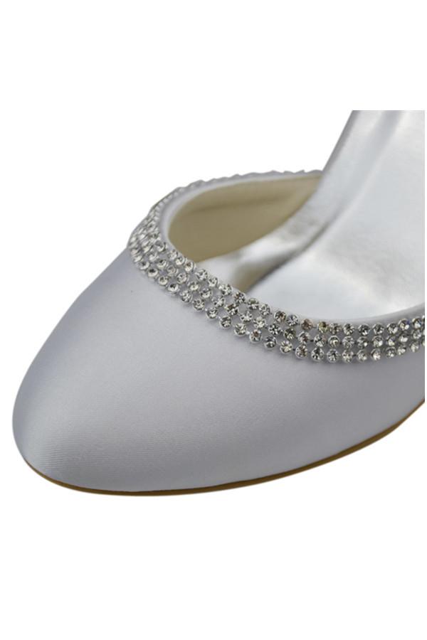Ankle Strap Beading High Heel White Comfy Satin Shoes JS0001