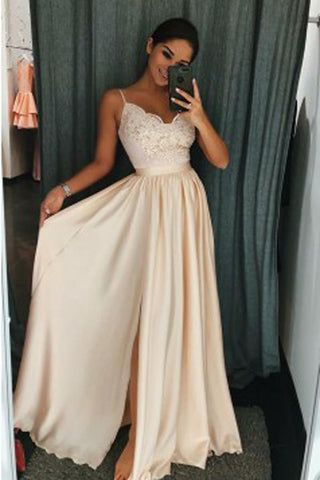 Pearl Pink Elastic Satin A-Line Spaghetti Straps Side Slit Prom Dress with Appliques JS650