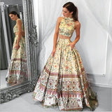 Unique A line Two Piece High Neck Tribal Satin Prom Dresses with Pockets Party Dresses JS190
