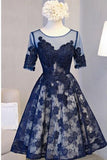 A Line Scoop Navy Blue Knee-length Tulle Short Sleeve Homecoming Dress with Open Back JS792