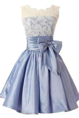 Fashion A-line Scoop Short Taffeta Blue Homecoming/Bridesmaid Dress With Bowknot JS478