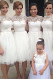 Simple A-line Bateau Knee-Length White Bridesmaid Dresses with Appliques JS480