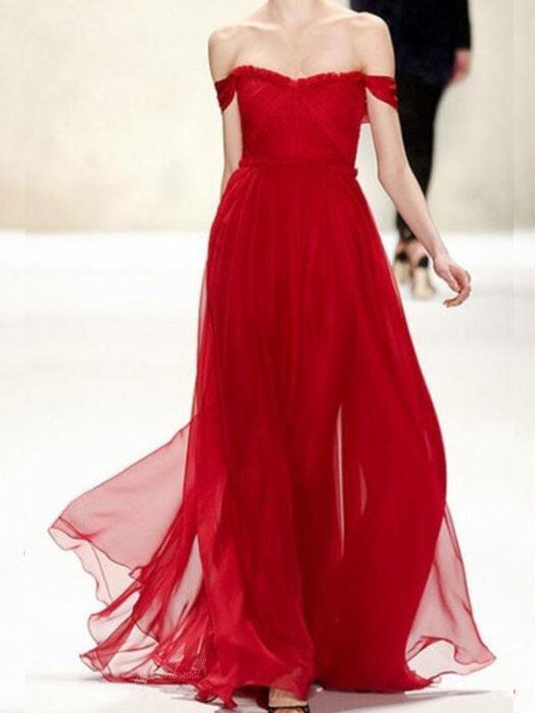 Charming A-Line Off-the-Shoulder Floor Length Red Prom/Evening Dress with Ruched JS866
