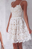 A-Line Spaghetti Straps Lace up Ivory Lace Short Sleeveless Sweet 16 Cocktail Dress JS744