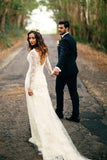 Sexy Gorgeous Mermaid Long Sleeves V-Neck Backless White Lace Wedding Dresses JS313