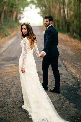 Sexy Gorgeous Mermaid Long Sleeves V-Neck Backless White Lace Wedding Dresses JS313