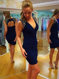 Sexy V-Neck Sleeveless Short Backless Navy Blue Prom/Homecoming Dress with Sequins JS453