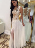 Sexy A-line Crew Floor-Length Chiffon Sleeveless Beaded Appliques White Prom Dresses JS661