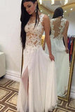 Sexy A-line Crew Floor-Length Chiffon Sleeveless Beaded Appliques White Prom Dresses JS661