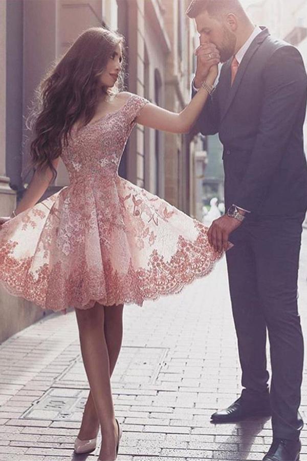 A-Line Off the Shoulder Short Sleeves Blush Sweetheart Homecoming Dresses with Appliques JS523