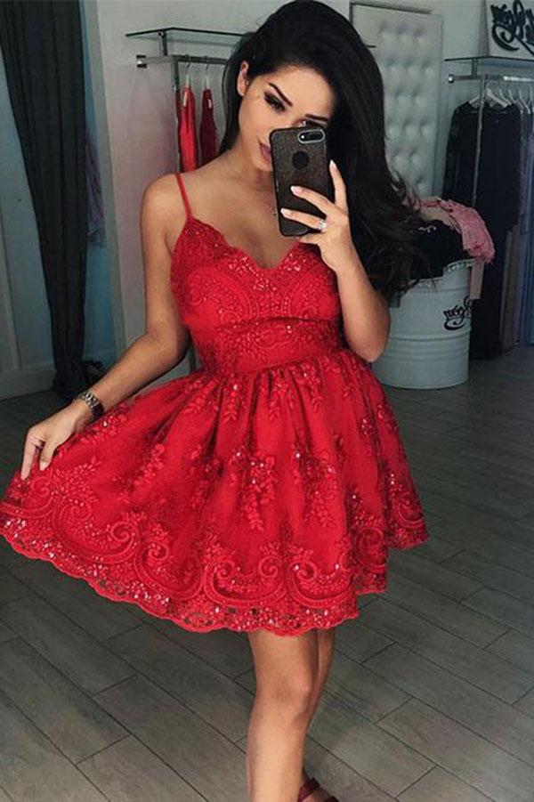 A Line Red V Neck Lace Appliques Spaghetti Straps Beads Short Homecoming Dresses JS813