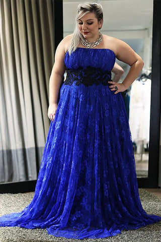 Elegant Straps Blue Lace Sleeveless A-Line Floor-Length Zipper Plus Size Prom Dresses JS223