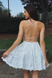 A Line Sweetheart Spaghetti Straps Backless White Lace Appliques Short Homecoming Dresses JS981