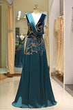 A Line V Neck Green Floor Length Satin Prom Dress with Backless Sequins Beading uk PW446