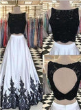 Elegant A line Two Pieces Open Back Scoop Satin Lace Beads Cheap Prom Dresses JS189