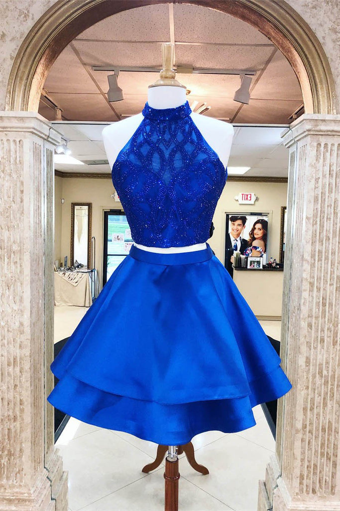 A Line Royal Blue Two Pieces Open Back Beaded Short Prom Dresses Homecoming Dresses JS993