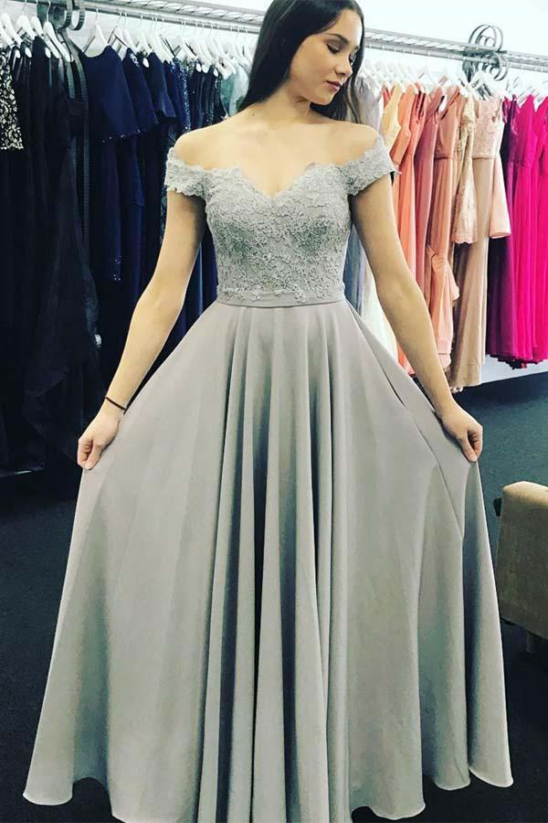 A-Line Off-the-Shoulder Open Back Sweetheart Grey Chiffon Prom Dresses with Appliques JS229