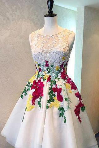 Charming A Line Scoop Lace Appliques V Back Short Prom Dress Homecoming Dresses JS960