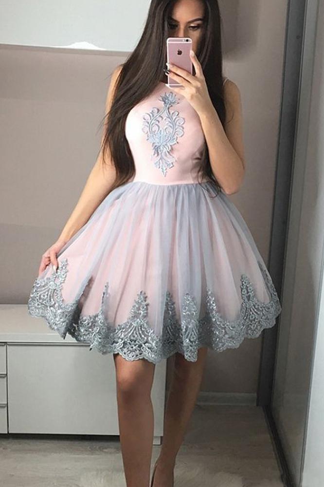 Cute A Line Round Neck Pink Short Prom Dresses Homecoming Dresses with Appliques JS925