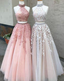 Elegant A Line Two Piece Dusty Rose Beaded Tulle High Neck Lace Long Prom Dresses JS864