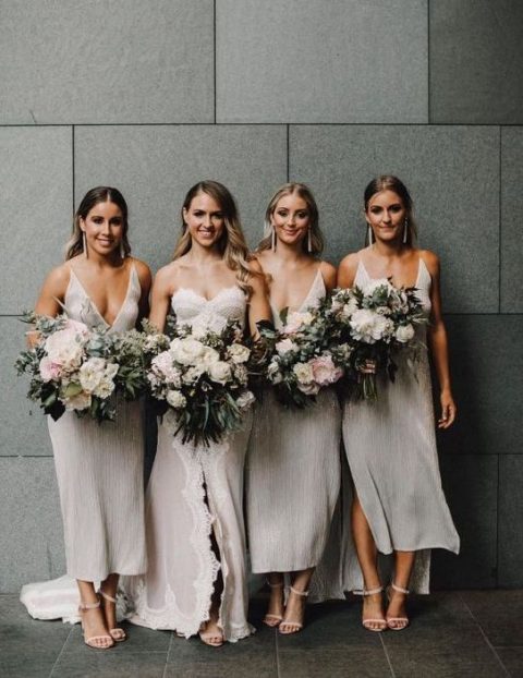 A Line Ankle Length Deep V Neck Bridesmaid Dresses With Side Slit Wedding Party Dress