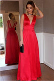 Sexy Deep V-Neck Long Red Chiffon Sleeveless Simple Prom Dresses uk 9081